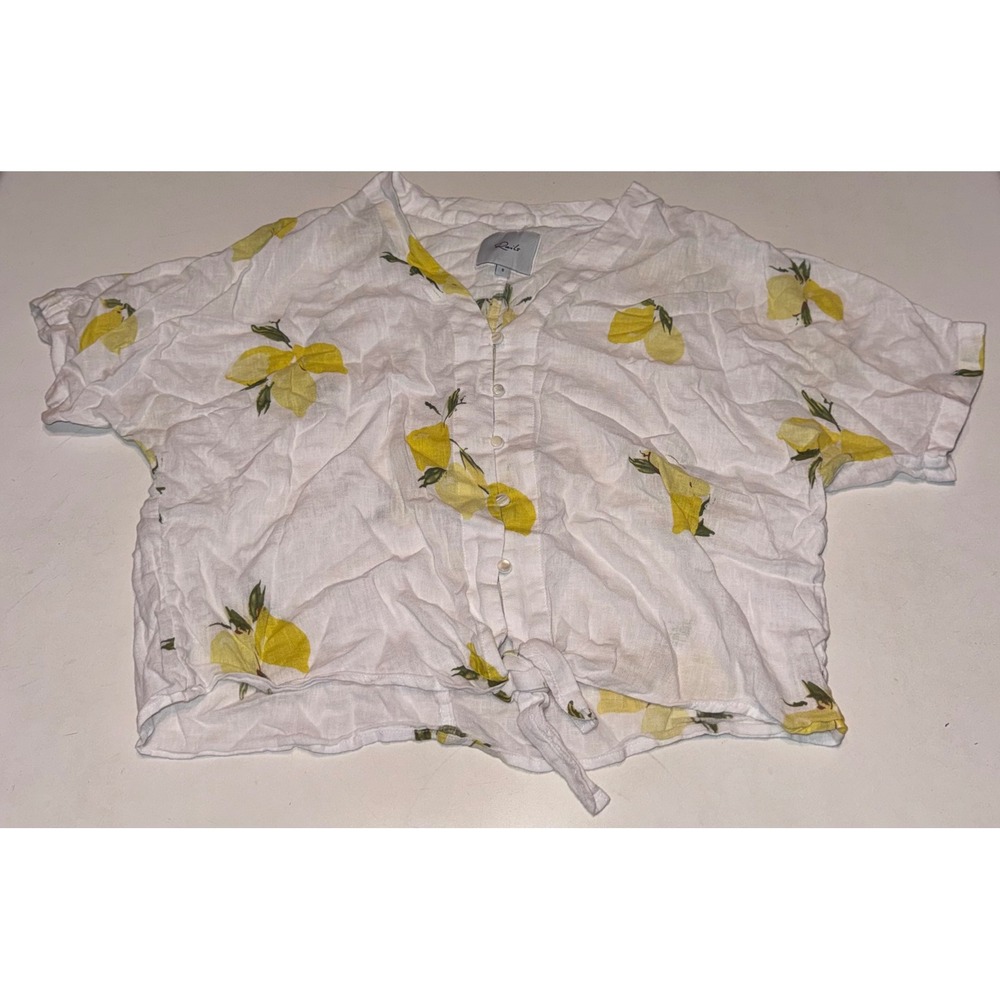 Rails Thea Citronnade Lemon Print Linen Blend Tie Front Top White Yellow Small